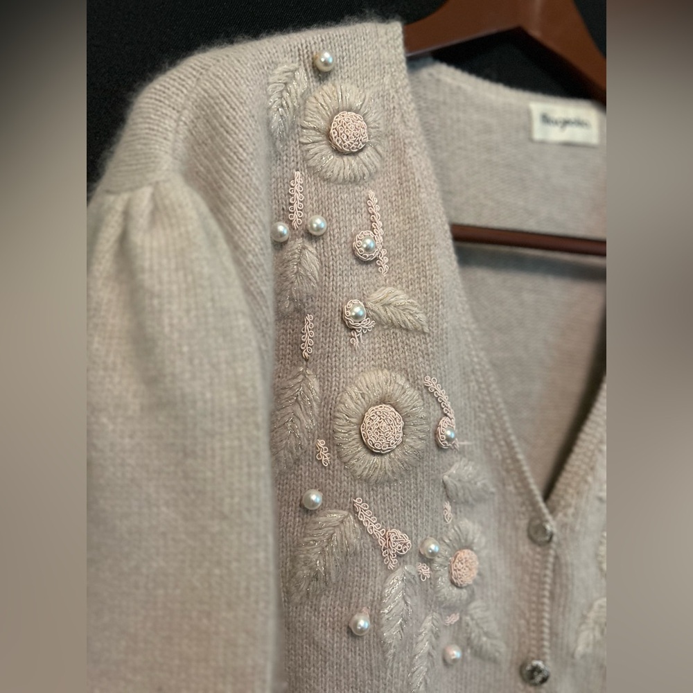 Magnolia Vintage Pearl Detail Beige/tan Lambswool Luxury Cardigan Size XL - Picture 4 of 16